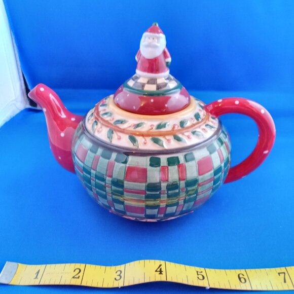 Sakura Debbie Mumm Small Teapot Holly and Plaid Santa Claus Lid Red Green - Picture 5 of 6